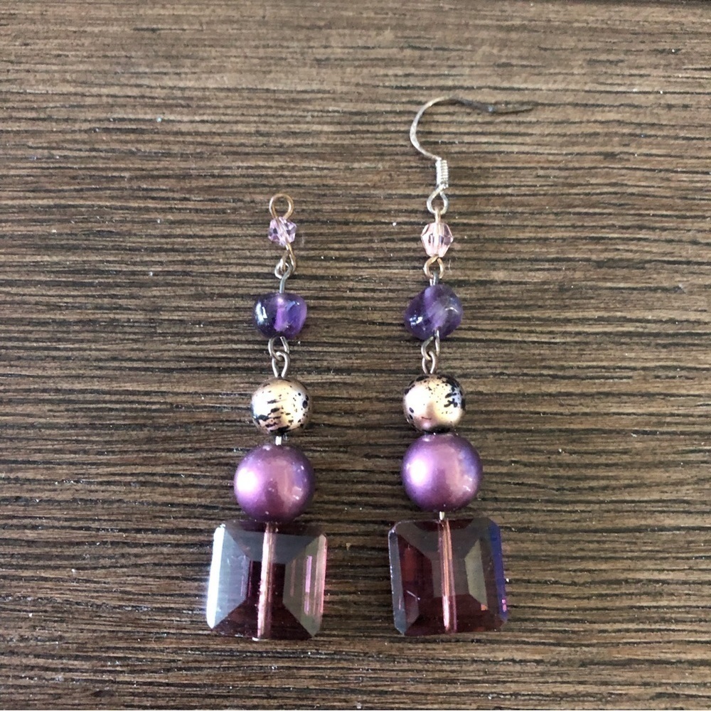 purple glass fishhook dangle earrings